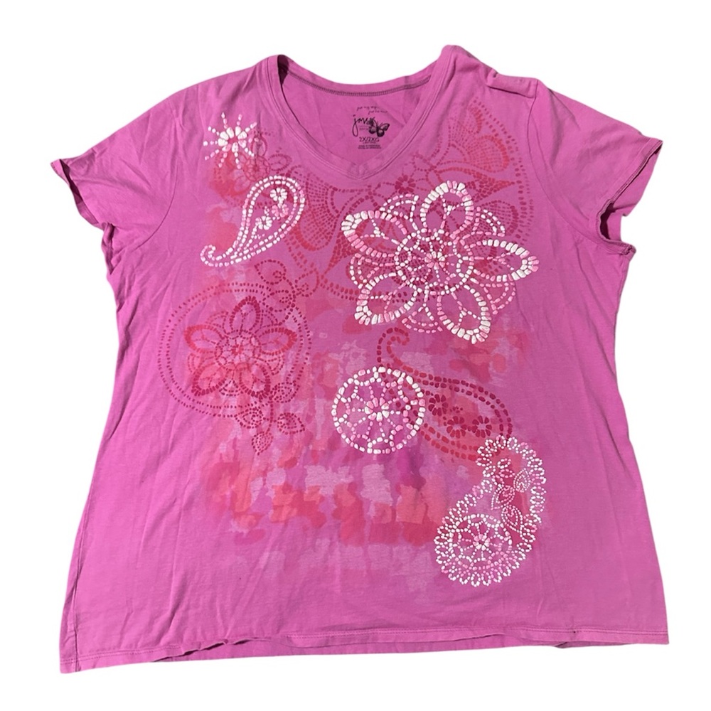 Just My Size Pink Floral Paisley Boho V Neck Tee Puff Print